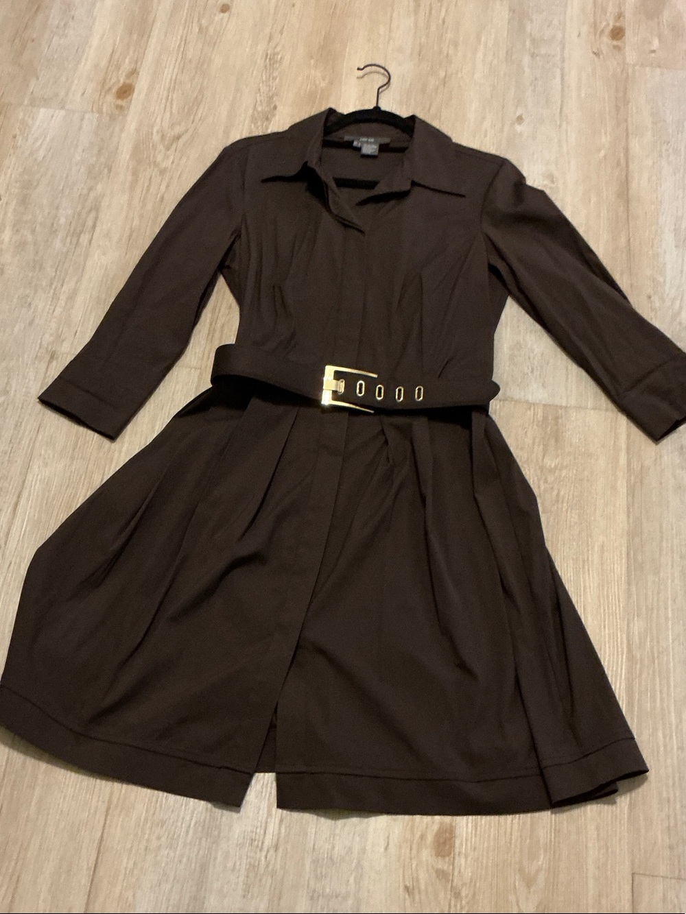 James Perse Dark Brown Long-Sleeve Shirt Dress with Gold Buckle Belt